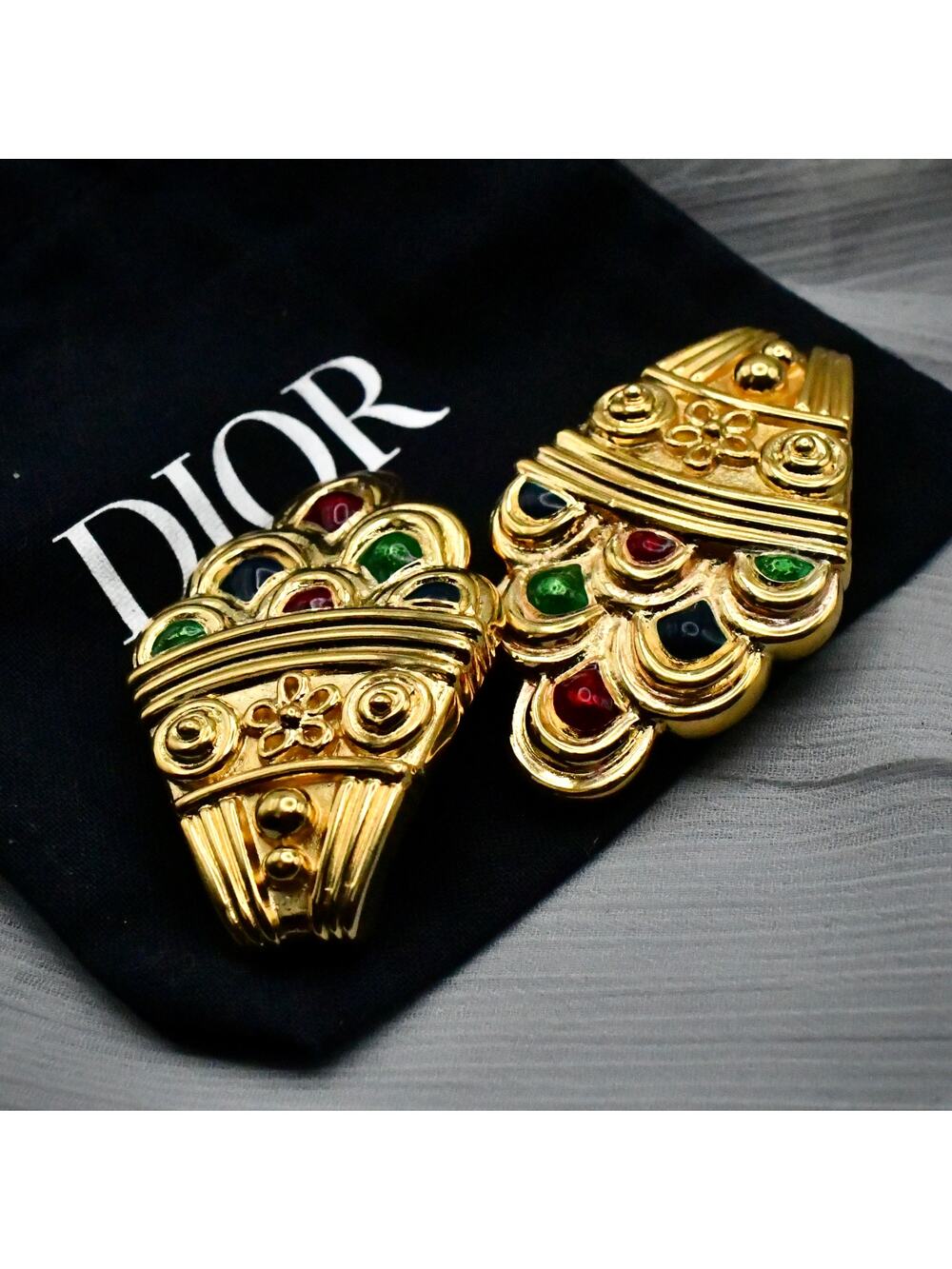 Vintage Christian Dior 1980s Runway Etruscan Revival Enamel Shield Earrings 2"